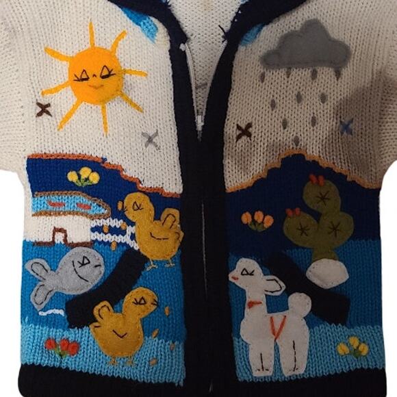 Peruvian Wool Knitted Sweater with hoodie Toddler Blue White - Picture 2 of 4